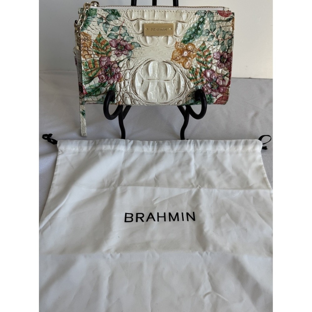 Brahmin Millie Ivory Tahiti Leather Embossed Floral Wristlet Wallet DustBag RARE